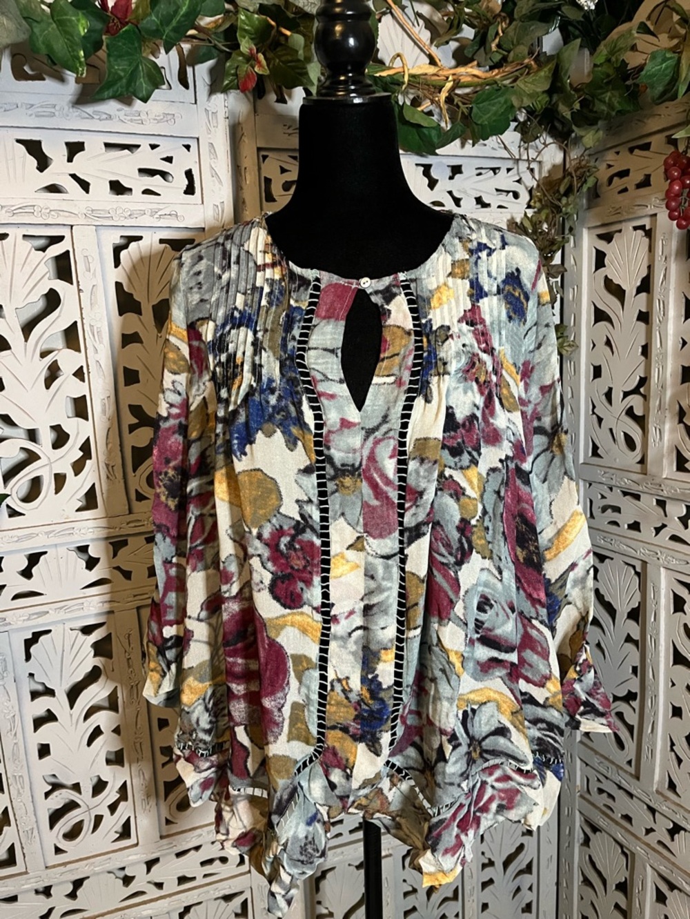 John Mark Floral Keyhole Blouse in Ivory, Burgundy & Mustard